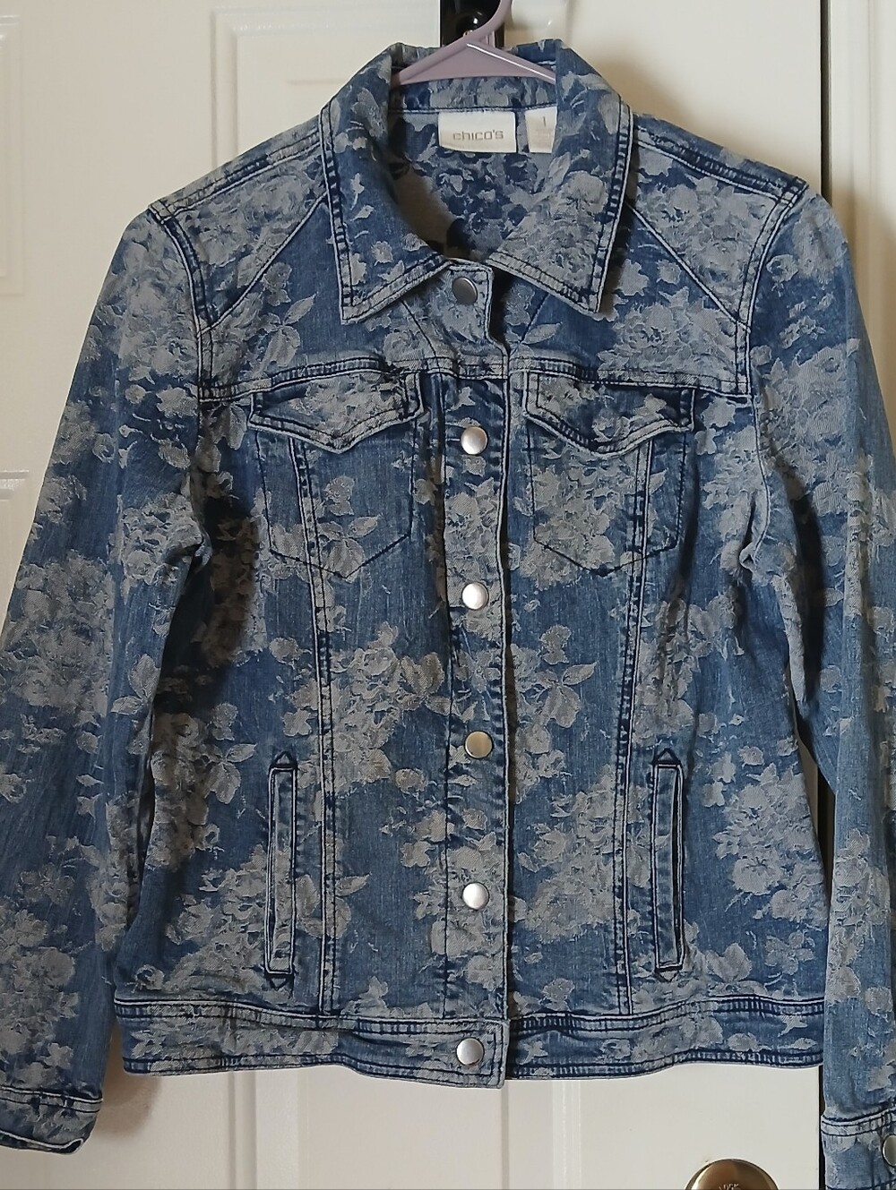 Chico's Denim Jacket with Light Blue Floral Wash